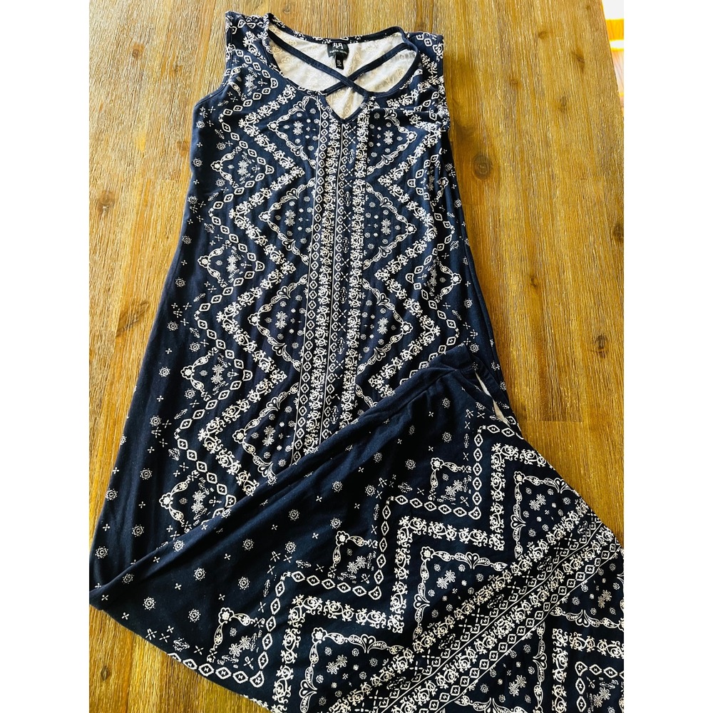 Derek Heart Navy Blue White Bandana Paisley Maxi Dress Lattice V-Neck XL